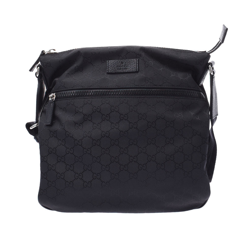 GUCCI GG Logo Black Leather Nylon Shoulder Bag